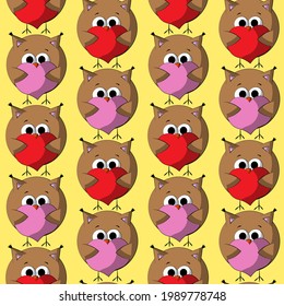 Seamless vector pattern with cute cartoon owl with heart