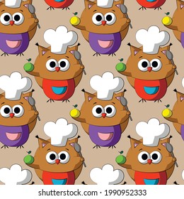 Seamless vector pattern with cute cartoon owl chef