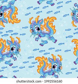 Seamless vector pattern and cute cartoon water dragon  fishes   bubbles  Colorful illustration vector blue background  Sea holidays children concept  For print  design  wallpaper decor textile