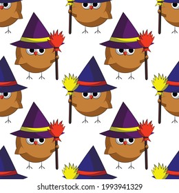 Seamless vector pattern with cute cartoon owl magician
