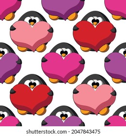 Seamless vector pattern with cute cartoon penguin with heart