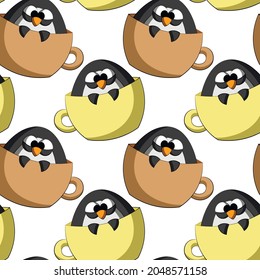 Seamless vector pattern with cute cartoon penguin in mug