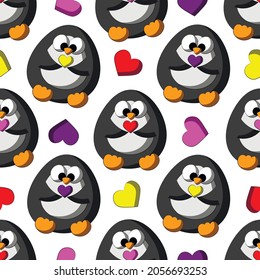 Seamless vector pattern with cute cartoon Penguin with little heart