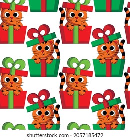 Seamless vector pattern with cute cartoon tiger in gift box
