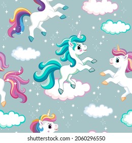 Seamless vector pattern with cute cartoon character unicorn with clouds and sparkle. Colorful illustration isolated on gray background. For print, t-shirt, design, wallpaper, decor, textile, packaging