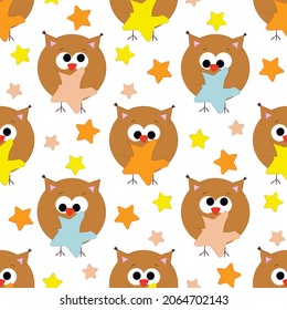 Seamless vector pattern with cute cartoon owl and star