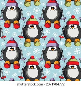 Seamless vector pattern with cute cartoon penguin by ski