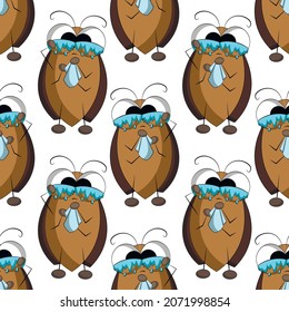 Seamless vector pattern with cute cartoon tearful cockroach