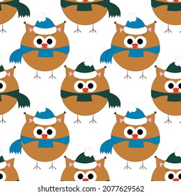 Seamless vector pattern with cute cartoon owl in hat and scarf
