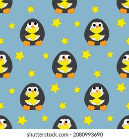 Seamless vector pattern with cute cartoon penguin with stars
