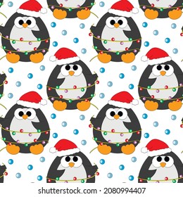 Seamless vector pattern with cute cartoon penguin in Santas hat and garland