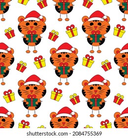 Seamless vector pattern with cute cartoon Tiger with gift box