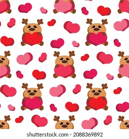 Seamless vector pattern with cute cartoon reindeer and heart