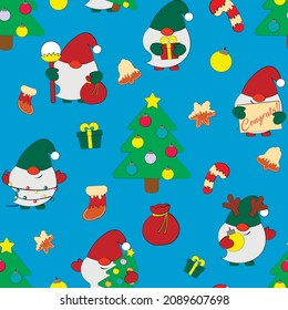Seamless vector pattern with cute cartoon Christmas Gnomes