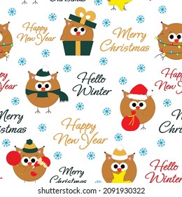 Seamless vector pattern with cute cartoon Christmas Owl