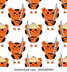 Seamless vector pattern with cute cartoon Tiger Samurai