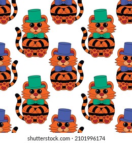 Seamless vector pattern with cute cartoon tiger