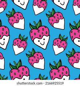 Seamless vector pattern of cute cartoon strawberries with cream. A berry with a funny smiling face. Summer fruits. Color illustrations, hand-drawn in doodle style, isolated. For wrapping paper, fabric