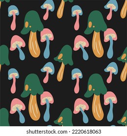 Seamless vector pattern with cute cartoon colorful forest mushrooms on a black background. Creative design for printing on fabric, wallpaper and scrapbooking.