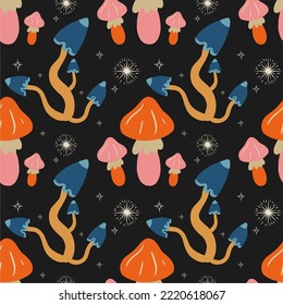 Seamless vector pattern with cute cartoon colorful forest mushrooms on a black background. Creative design for printing on fabric, wallpaper and scrapbooking.