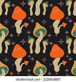 Seamless vector pattern with cute cartoon colorful forest mushrooms on a black background. Creative design for printing on fabric, wallpaper and scrapbooking.