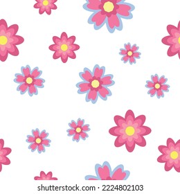 
Seamless vector pattern with cute cartoon flowers. Flat illustration with pink daisies. Clipart for design, print, packaging. Summer, spring style.