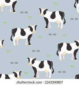 Seamless vector pattern with cute cartoon cows. Good for package, wrapping design for natural product. Farm animal character