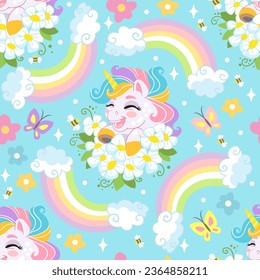 Seamless vector pattern with cute cartoon unicorns with a rainbows and flowers on a blue background. For textiles, wallpapers or prints, party, baby shower, design, decor, linen, dishes, apparel