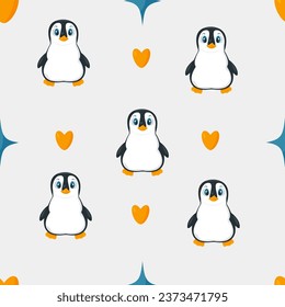 Seamless vector pattern with cute cartoon penguins, hearts and glare. Seabird, ideal for textiles, wallpaper, children's interiors, wrapping paper, print design.