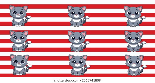 Seamless Vector Pattern of Cute Cartoon Kittens with Red and White Striped Background for Products, Fabric, Wrapping Paper, and Home Decor 