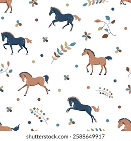 Seamless vector pattern with cute cartoon ponies