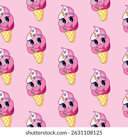 Seamless vector pattern with cute cartoon ice creams on a pink background. Perfect for summer fabrics, kids' stationery, gift wrap, party decor, packaging, and kawaii-style designs.