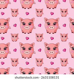 Seamless vector pattern with cute cartoon pigs on a pink background. Ideal for kids' fabrics, baby products, school supplies, gift wrap, nursery decor, and kawaii-style designs.