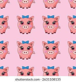 Seamless vector pattern with cute cartoon pigs on a pink background. Ideal for kids' fabrics, baby products, school supplies, gift wrap, nursery decor, and kawaii-style designs.