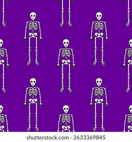 Seamless vector pattern of cute cartoon skeletons on a vibrant purple background, perfect for Halloween designs and spooky themed projects.
