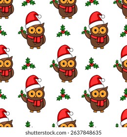 Seamless vector pattern of cute cartoon owls wearing Santa hats, holding holly sprigs, perfect for festive Christmas designs and winter holiday backgrounds.