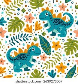Seamless vector pattern with cute cartoon dinosaurs, tropical leaves, and colorful flowers on white background. Fun and playful design with dino for kids products, fabric, wallpaper, or nursery decor.