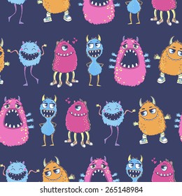 Seamless vector pattern with cute cartoon monsters. Useful for packaging, wrapping paper, wallpaper, fabric, fashion, home decor, etc.