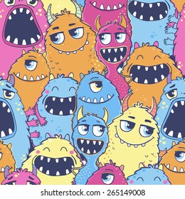 Seamless vector pattern with cute cartoon monsters. Useful for packaging, wrapping paper, wallpaper, fabric, fashion, home decor, etc.