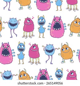 Seamless vector pattern with cute cartoon monsters. Useful for packaging, wrapping paper, wallpaper, fabric, fashion, home decor, etc.