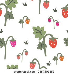 Seamless vector pattern with cute cartoon strawberries, leaves and grass on a white background. Ideal for fabrics, wallpapers and children's designs.