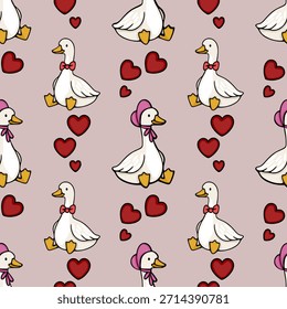 Patrón de Vector sin fisuras de lindos gansos de dibujos animados y corazones rojos sobre un fondo rosa pastel.
