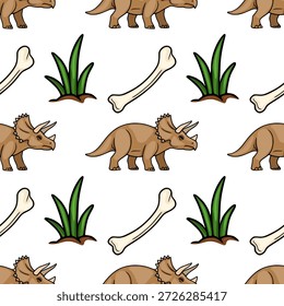 Patrón de Vector sin fisuras de lindos dinosaurios de dibujos animados y huesos sobre fondo blanco