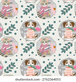 Seamless vector pattern with cute cartoon kittens in striped sweaters holding flowers and puppies with tulips on hand-stitched knitted patches, teal leaves and dots on light background.