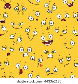 Seamless vector pattern with cute cartoon faces. Pattern with grimace face and happiness face caricature illustration