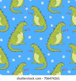 Seamless vector pattern with cute cartoon dinosaurs. Nice vector background, perfect for wallpaper, wrapping paper or textile.