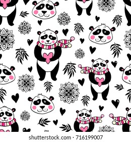 Seamless vector pattern with cute cartoon pandas. Lovely vector illustration and design for fabrics, textile, wallpaper and background.