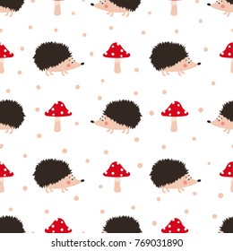 Seamless vector pattern with cute cartoon hedgehogs and mushrooms.