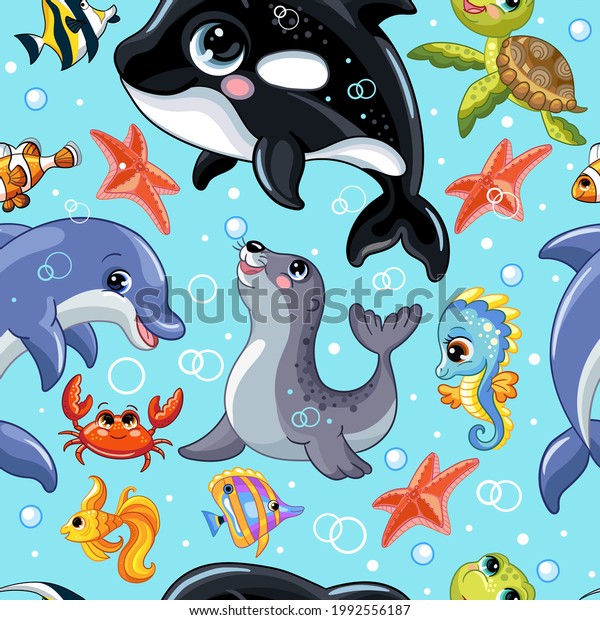 Seamless vector pattern with cute\
cartoon water animals orca, seahorse, seal, dolphin, turtle.\
Colorful illustration vector background children concept. For\
print, design,\
wallpaper,decor,textile
