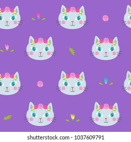 Seamless vector pattern with cute cat on purple background. Hand-drawn template for birthday, wrapping paper, textile, web page background, packaging, poster, banner and etc.
